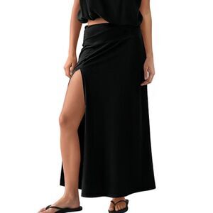Casual Black Slit Maxi Skirt Flowy High-Waist Long Skirt Lounge Vacation